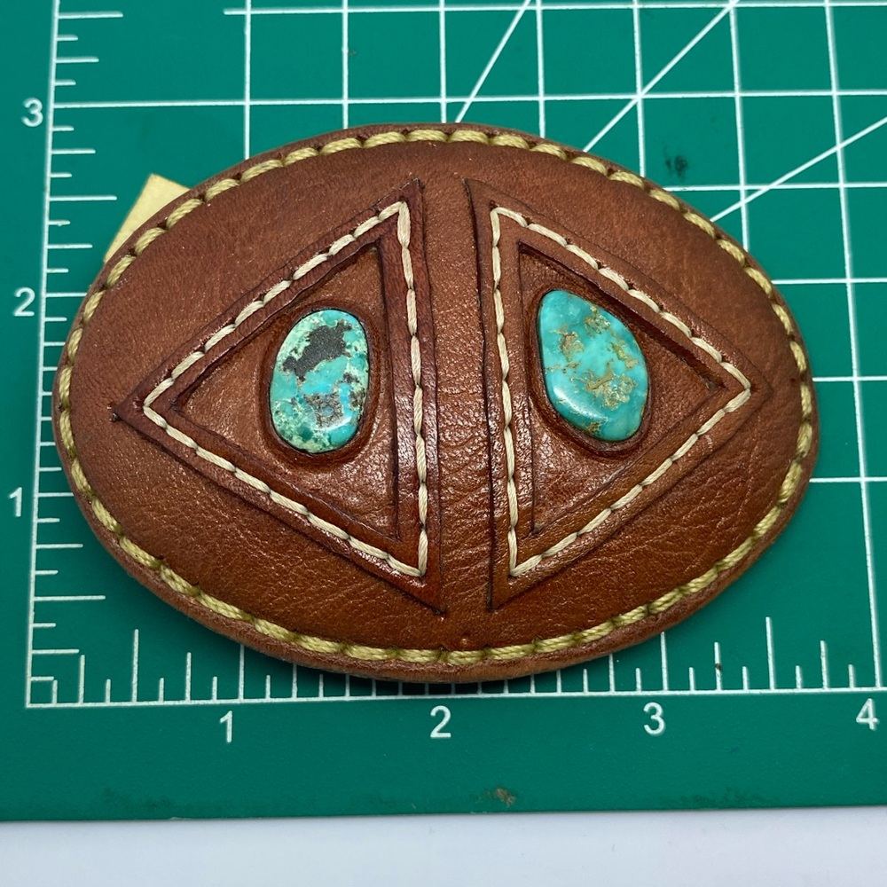 Brown handmade Leather Belt buckle with Turquoise Accents